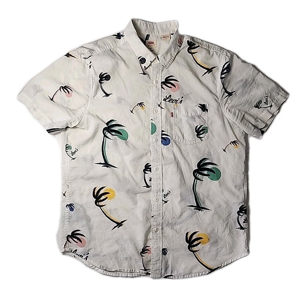VTG Levi's Men's Tropical Large White AOP Palm Trees Short Sleeve Button‎ Shirt